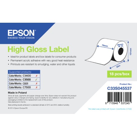 "Epson High Gloss Label - Continuous, Durable & Vibrant Labels | C33S045537"